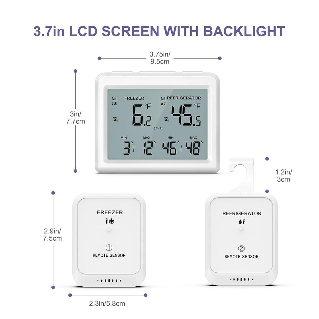 Digital Refrigerator Thermometer - 3.7 inch LCD Backlight Freezer Thermometer with 2 Sensors, Digital Fridge and Freezer Thermometer with Alarm,