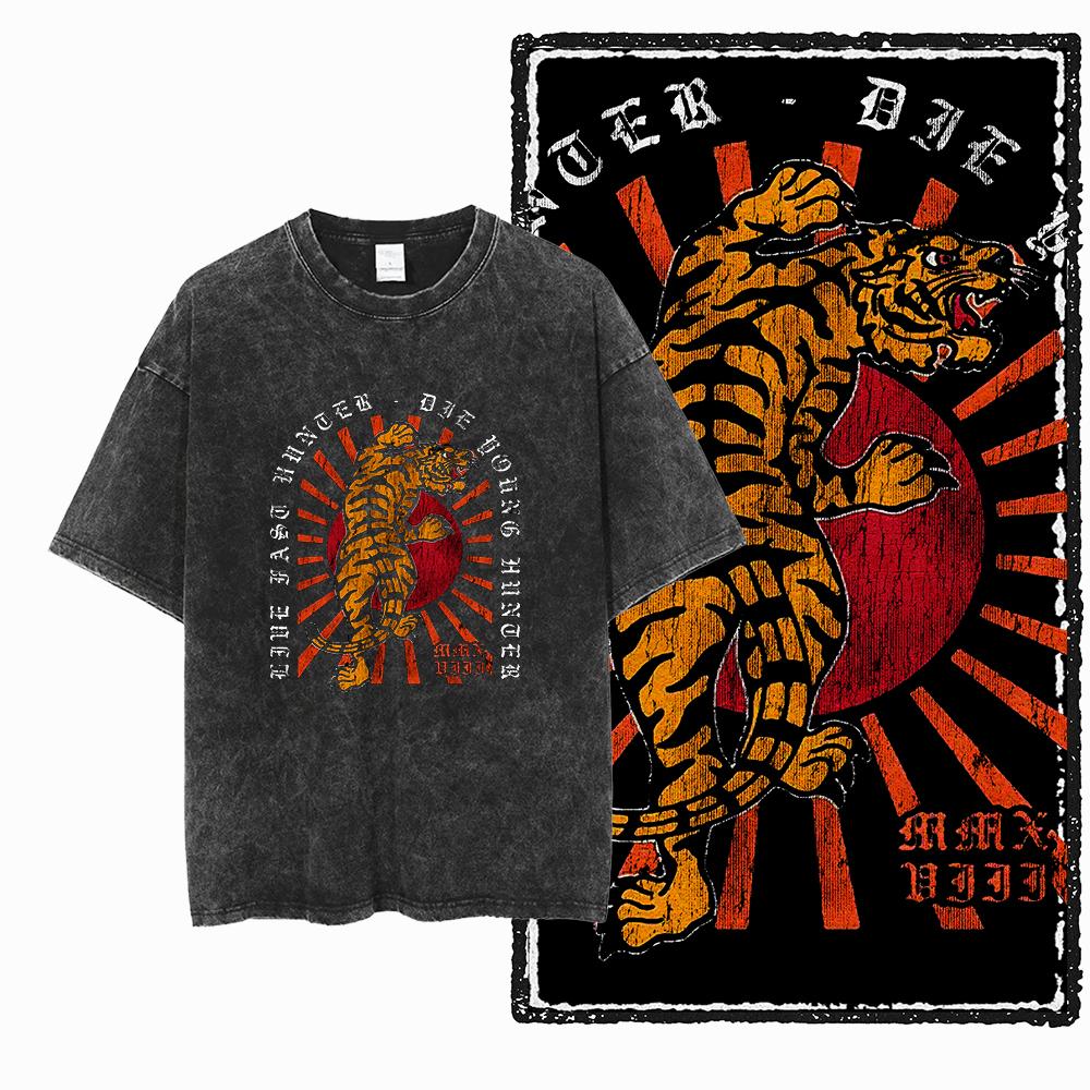 DI TIGER Printed Cotton Acid Washed Exclusive Graphic Unisex T Shirt Cool Vintage Streetwear Men Tshirts Big Size Tee for Men