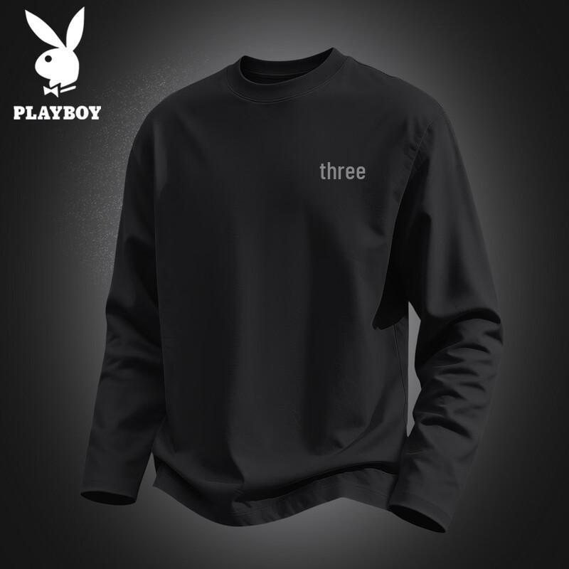 PLAYBOY Men's Pure Cotton Long-Sleeve Casual Crew Neck T-Shirt