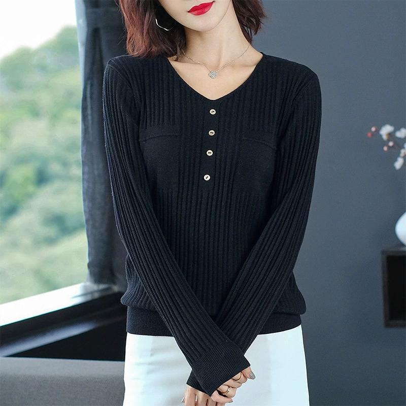 Spring Autumn Women Korean Fashion Elegant Simple Solid Basic Knitwears Female Casual V Neck Long Sleeve Slim Pullover Tops