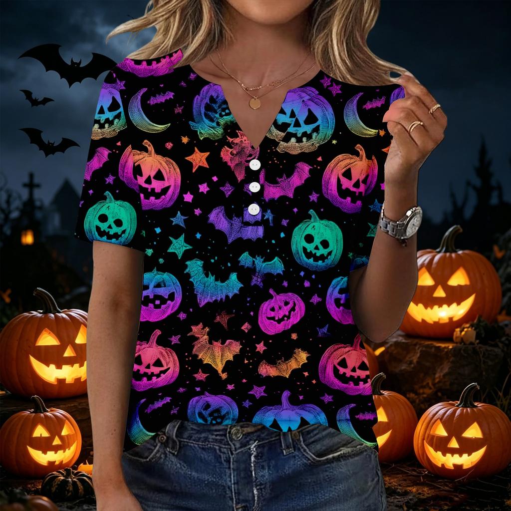 Women's Casual Halloween Print V Neck Button Front Three Quarter Sleeve T Shirt Top for Everyday Wear
