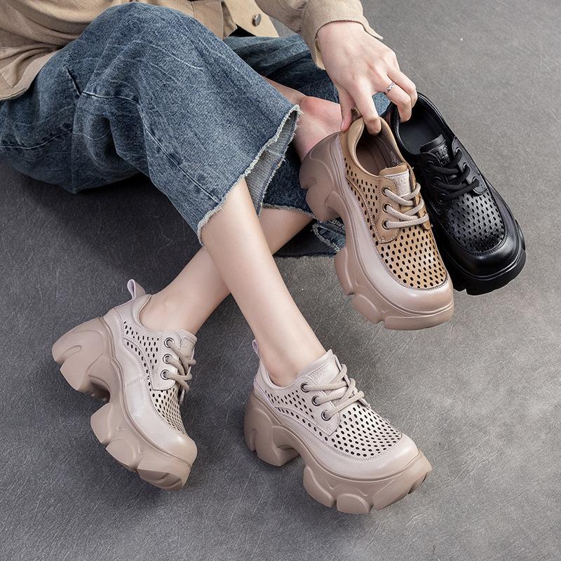 Fashion 7CM Women Chunky Platform Shoes Summer Hollow Out Breathable Genuine Cow Leather Round Toe Thick High Heel Casual Shoes
