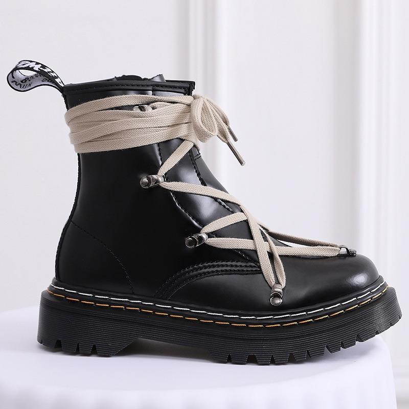 Double line high top cross strap Martin boots women's personality short boots side zipper leather boots round head locomotive shoes
