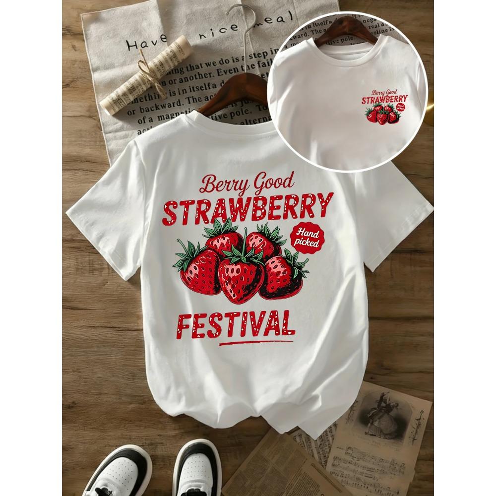 

Berry Good Strawberry Printed Cotton T-Shirts Women Summer Short Sleeve T Shirt Casual Soft Oversized Tops Basic O-Neck Clothes S