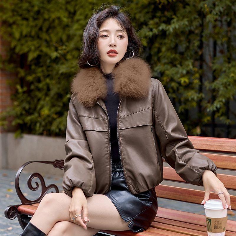 Fleece Thickened Removable Women's Fur Collar Short New Leather Jacket Autumn and Winter Loose and Thin Jacket