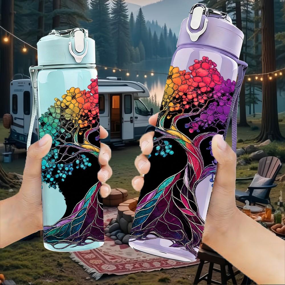 1PC Rainbow Root Tree Nature Art Print 750ml Color Plastic Sports Water Bottle Leakproof Flip Straw Lid Suitable for Sports Office Home Use
