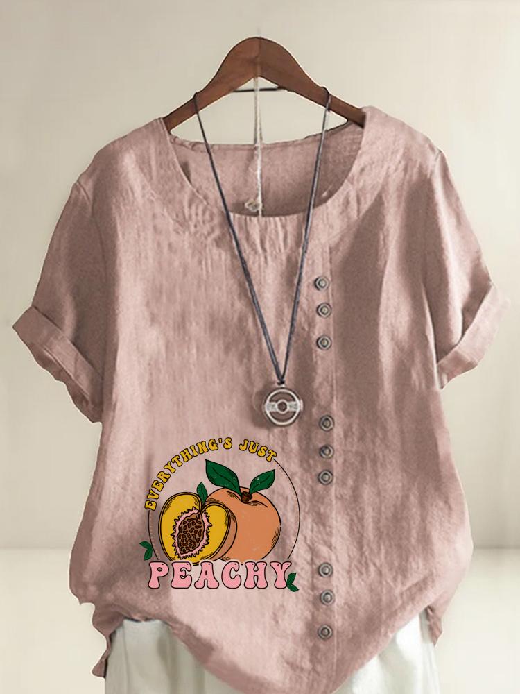 Women's Fashion Peach Letters Print Shot Sleeve T-shirt Loose Cotton Shirt Casual Loose Summer Blouse Tops Plus Size