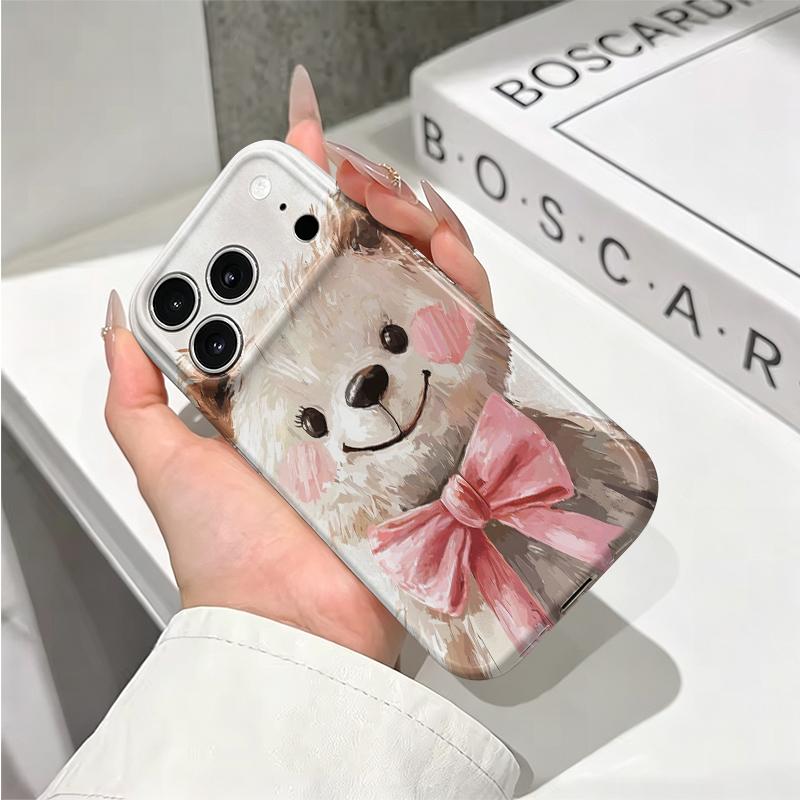 Cuddly Watercolor Teddy Bear Pink Bow Art Graphic Film Aesthetic Protective Shockproof Bumper Phone Case Cover For iPhone 14 15 16 Pro Max Plus