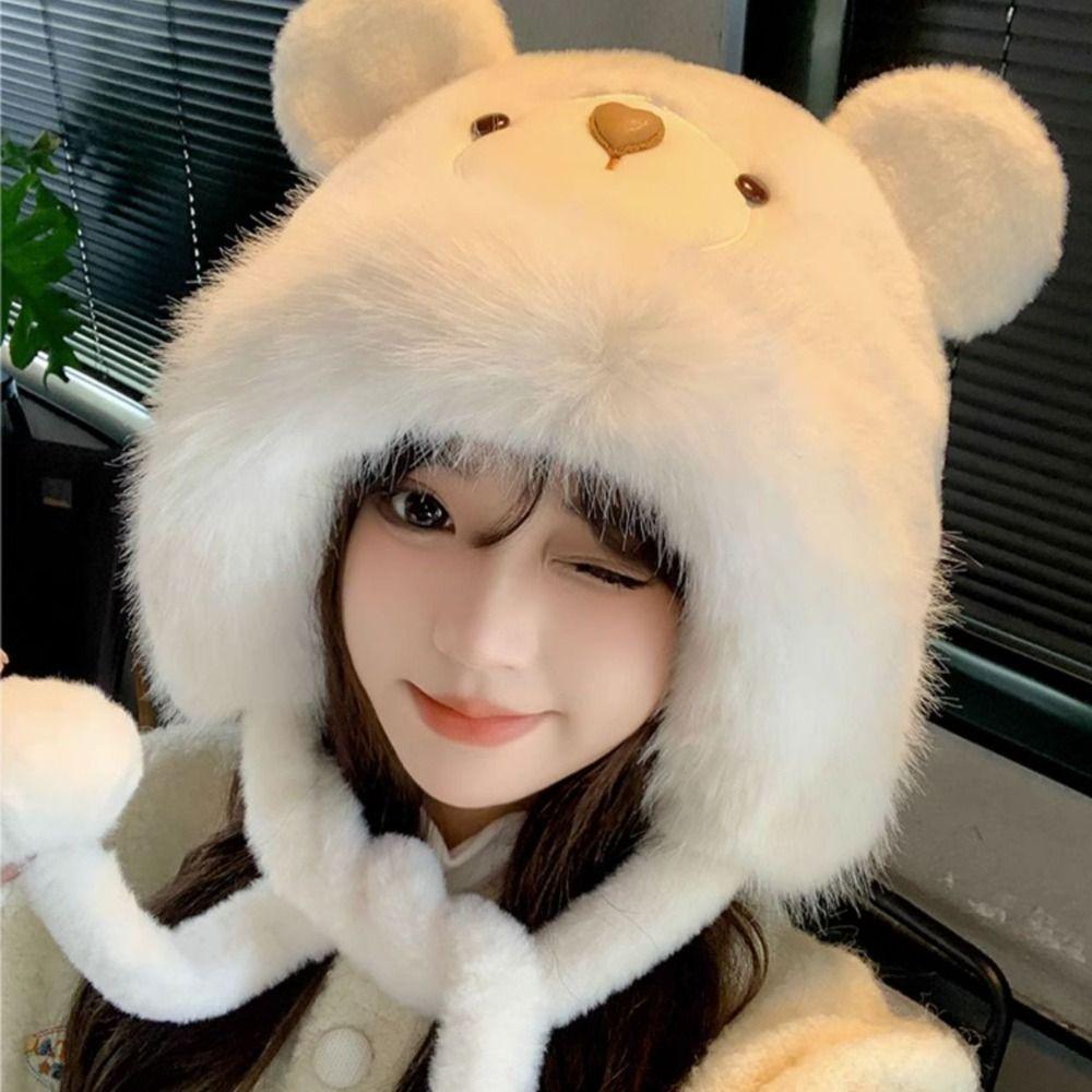 Plush Bear Pullover Cap Soft Winter Warm Hat Creative Bear Ear Beanies Hat  Streetwear