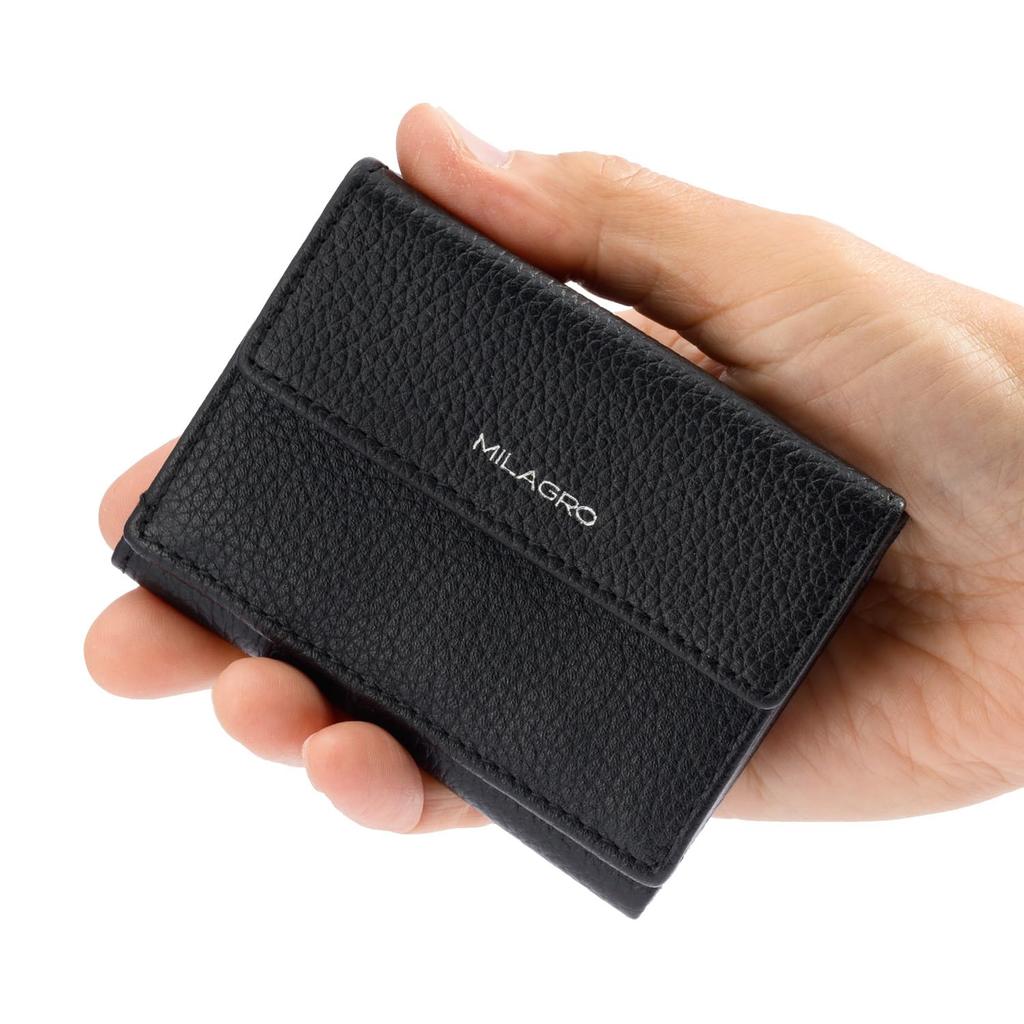 Milagro Shrink Leather Mini Wallet Bill Tri-Fold (Small, Compact, Women's, Card, Coin, Holder, Slim, Thin, Leather, Gift) SL-SH-2823 (Black)