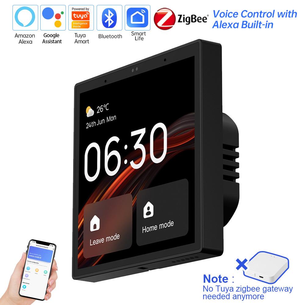 

Сенсорная панель управления центром Wifi Tuya Экран Встроенное голосовое управление Alexa и шлюз ZigBee для умных сцен 4 дюйма smart home чёрный