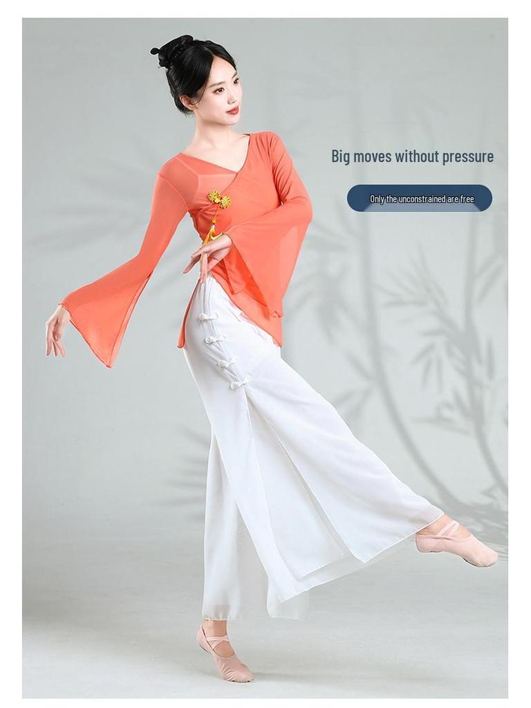 Women's Double Layer White Chiffon Dance Culottes - Wide Leg Flowy Pants for Classical Chinese Dance Practice