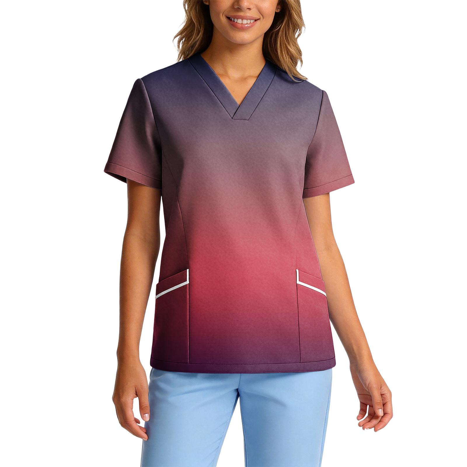 

Women s Stretch Quick-Dry V-Neck Short Sleeve Workwear Top with Gradient Print & Pockets XL красный