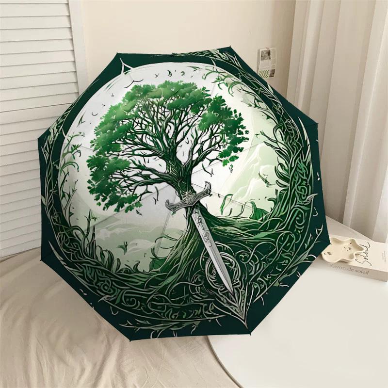 

1pc Tree of Life Sword Automatic Open/Close Umbrella with Windproof, 8-Rib Sturdy Canopy, Durable Ribs, Fashionable Design1230A
