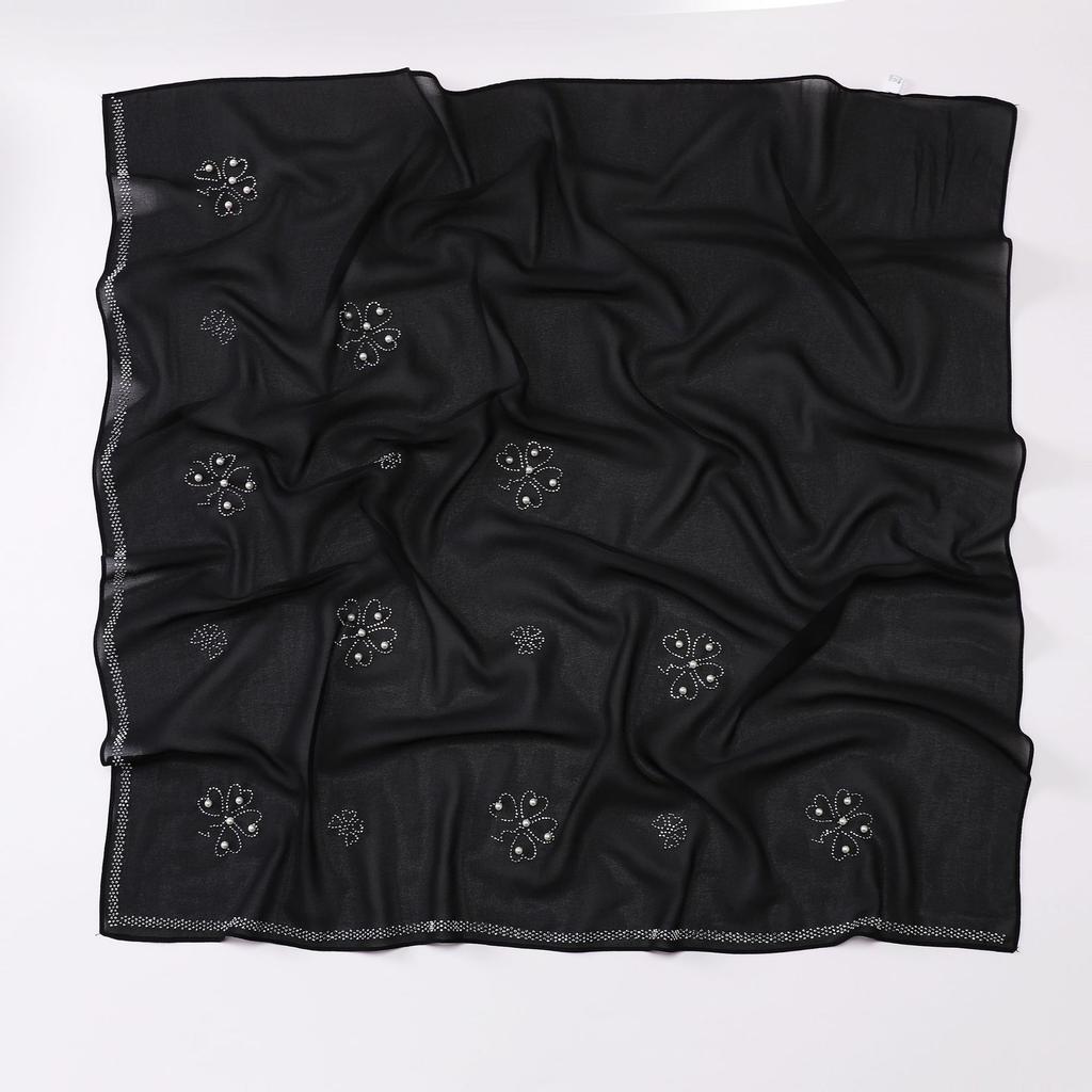 Pearl Chiffon Clover Rhinestone Beaded Ethnic Square Scarf For Women