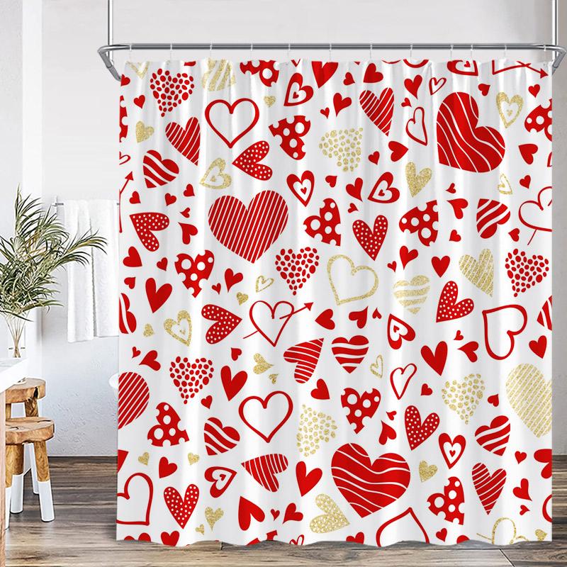 Valentine'S Day Shower Curtain Red Heart Rose Flowers Bicycle Petals Lovers Gift Fabric Home Bathroom Curtains Decor With Hooks