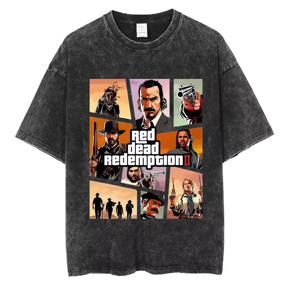 

Oversized Acid-Wash Vintage Short-Sleeve T-Shirt Featuring Red Dead Redemption 2 Logo & The Man, The Plan, The Rat Meme Double-Sided Graphic Print L
