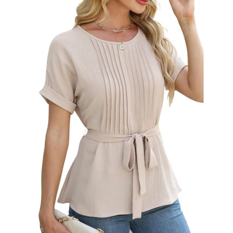 QICED Women's Fashion Casual Solid Color Print Short Sleeve O-Neck Blouses & Shirts Unique Design