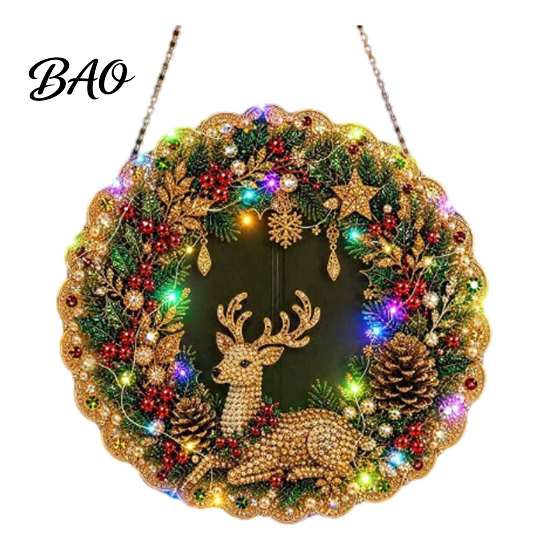 Seasonal Holiday Crafting Set Christmas Diamond Painting Wreath Kit with LED String Lights, Snowman Pearl Art Shiny Acrylic Craft for Adults,