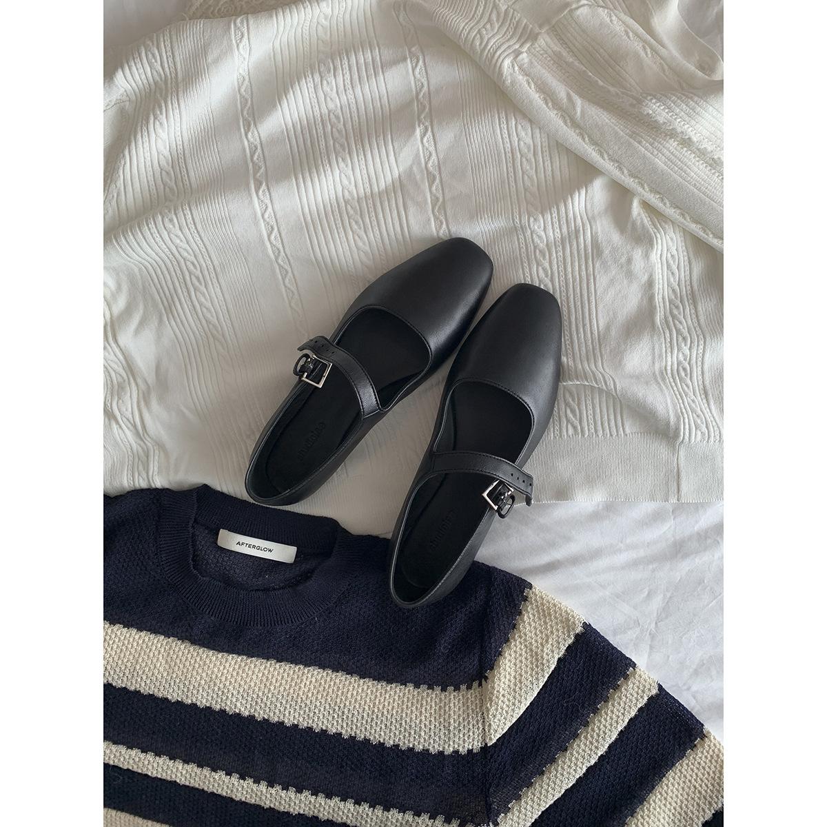 

Sheepskin version grape mother French minimalist square head soft bottom leather one-word buckle belt soft bottom flat bottom Mary Jane single sh 40