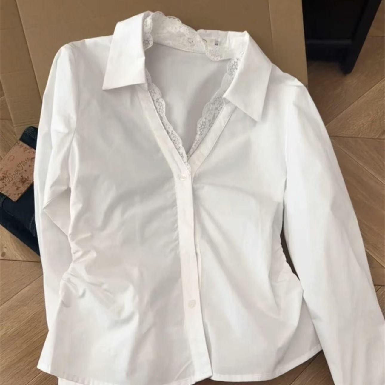 

Plus Size White Lace Blouse with Waist-Gathering and Long Sleeves M: Recommended 80-100 kg