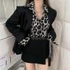 Damen Retro Leopardenmuster Langarm Revershemd