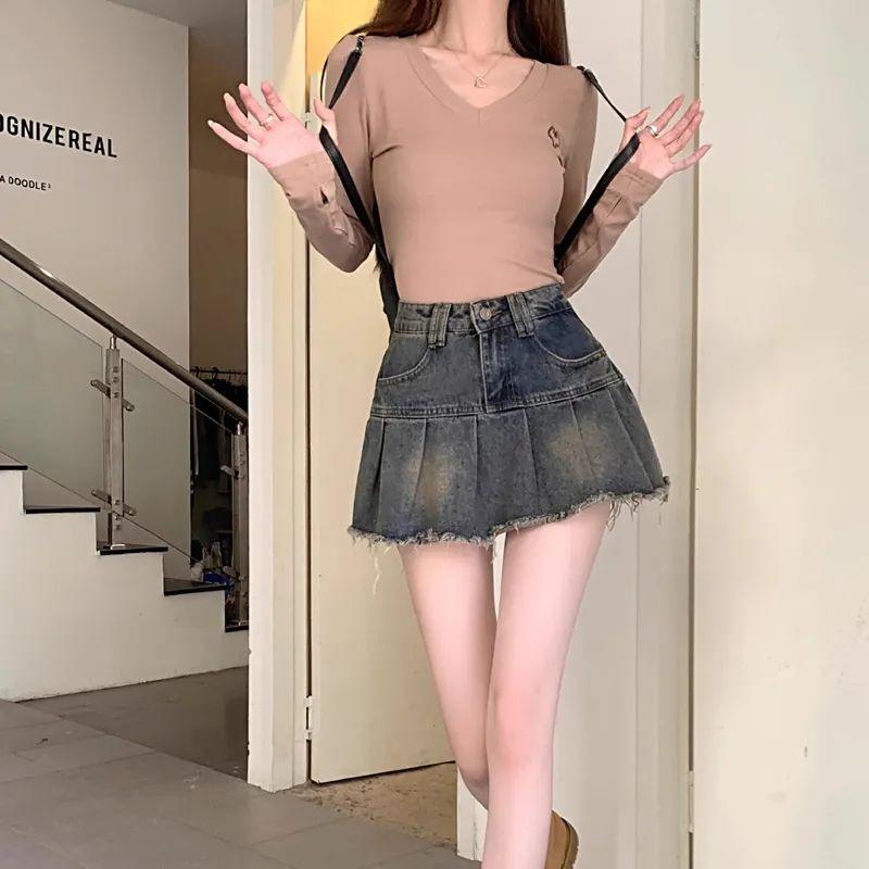 American Retro High-Waist Denim A-line Pleated Mini Skirt 2026 for Women