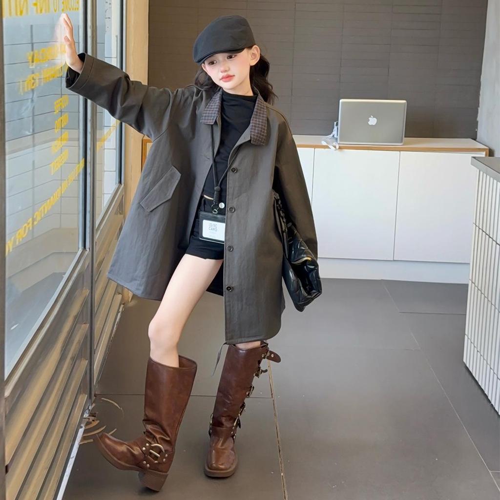 Mädchen Midilanger Trenchcoat: 2025 Frühling/Herbst Koreanischer Stil für Kinder - Lockerer, lässiger Schnitt