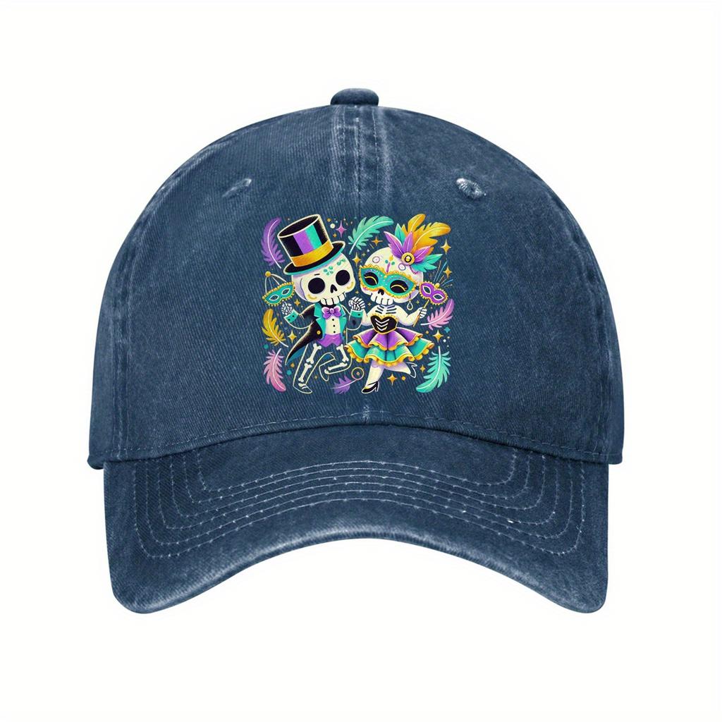 Mardi Gras Skeleton Couple Dancing Baseball Cap Adjustable Cotton Dad Hat Festive Graphic Casual Unisex Cap