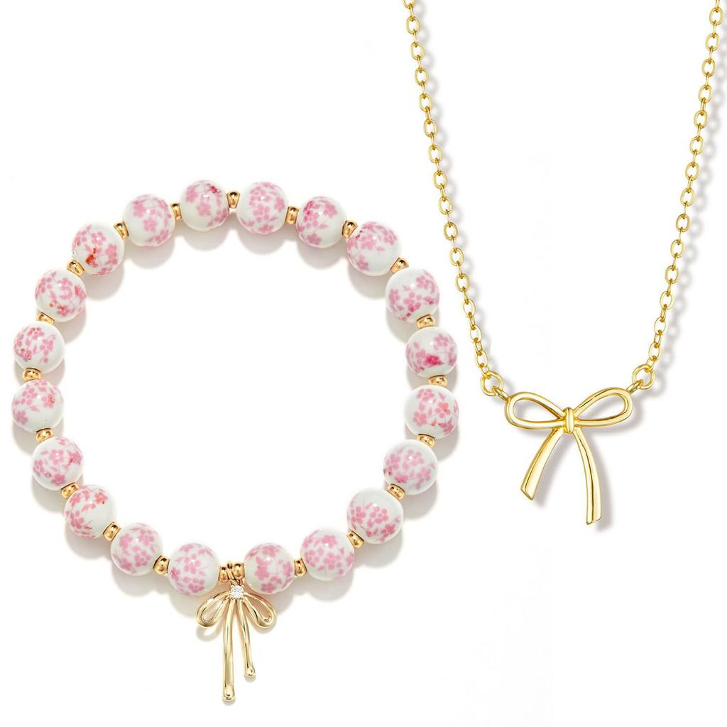 Bow Bracelet Necklace Set 14K Gold Beaded Flower Vintage Stretch Bracelet Dainty Bow Pendant Choker Jewelry Gift for Women Girls
