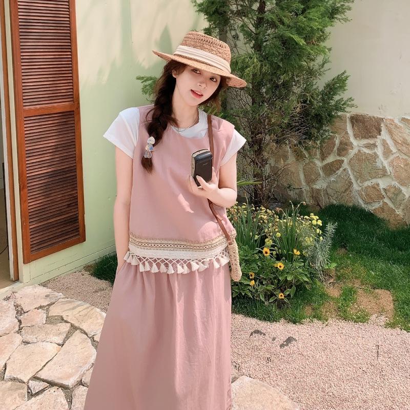 

Розовая соль сладкий наряд с бахромой безрукавный жилет комплект женский летний новый модный юбочный костюм из двух частей XL