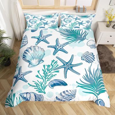 Coastal Duvet Cover Set Twin Queen Nautical Beach Bedding Set For Young Child Cartoon Starfish Seaweed Seashell Comforter Cover