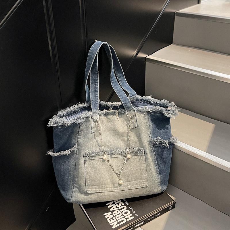 Gradient Large-Capacity Denim Tote Bag - Versatile Commuter Shoulder Bag