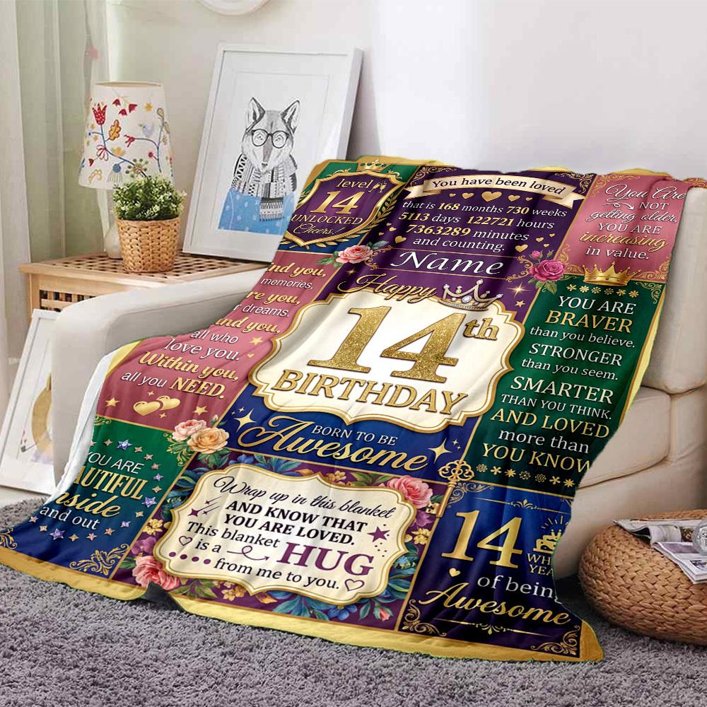 14Th Birthday Celebration Blanket Personalized Name Soft Warm And Versatile For Sofa Bed Office And Travel Machine Washable Comfortable In All Seasons