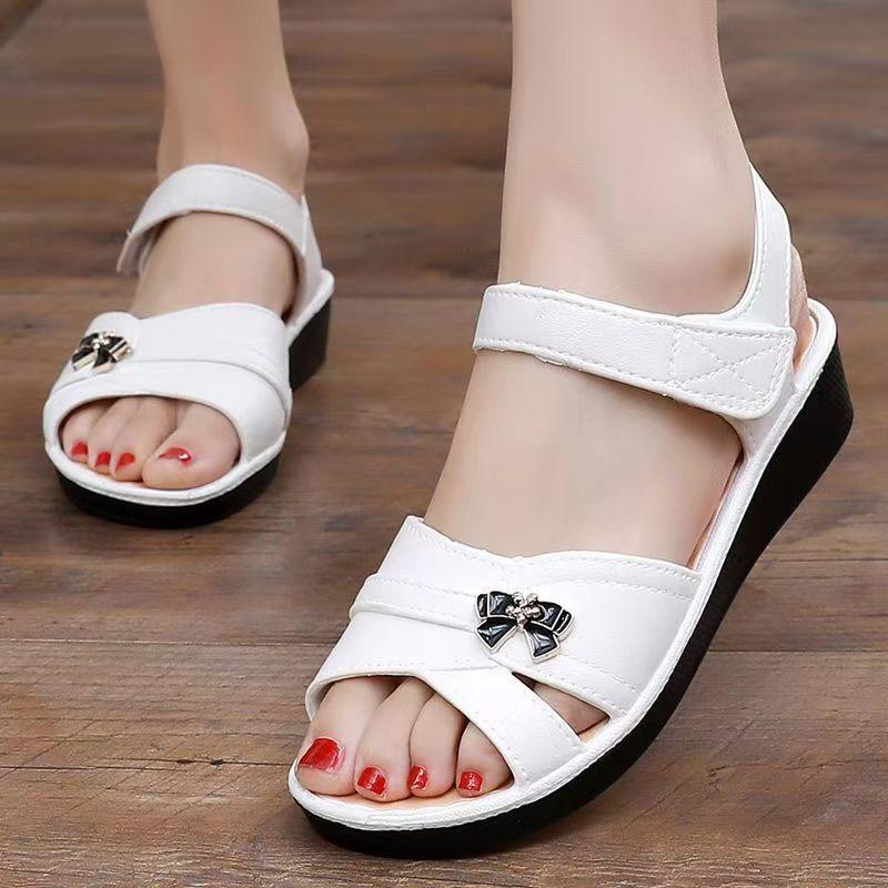 Women's Open Toe Lightweight Wedges Sandals Summer New Soft Sole Non Slip Waterproof Velcro Middle Aged And Elderly Sandals