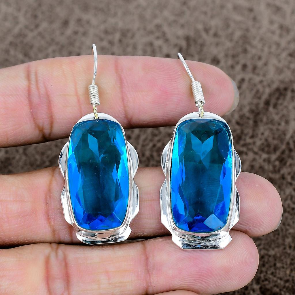 Blue Topaz Gemstone Handmade 925 Sterling Silver Jewelry Earring 2.13" KKG-601