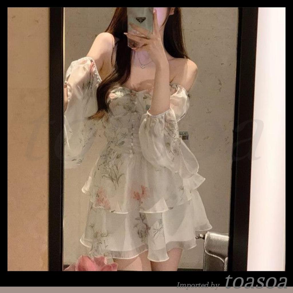 Toa Soa Floral Print Mini Chiffon Tunic Long Korean Puff Fits Shorter Women's Dress, Tiered, Off-the-Shoulder, Sleeves, Elegant, Casual, Style,