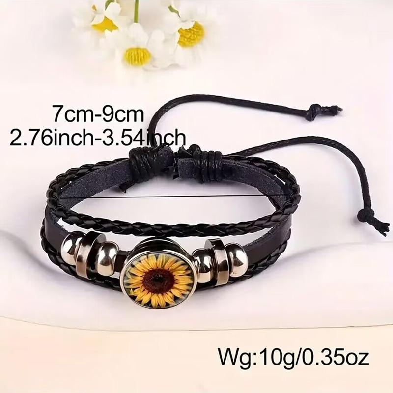 Braccialetto in Pelle Girasole Vintage Regolabile Braccialetti con Bottoni a Pressione in Vetro Floreale Per Donne Uomini