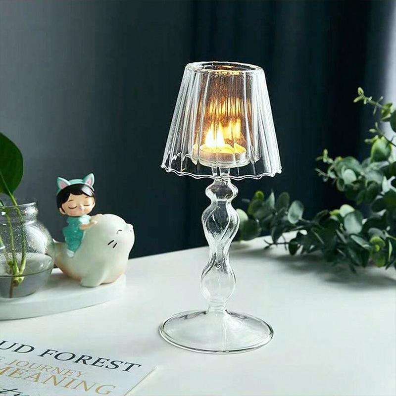 European Style Transparent Glass Desk Lamp Shaped Candlestick with High Foot Striped Candlestick and Creative Home Decoration