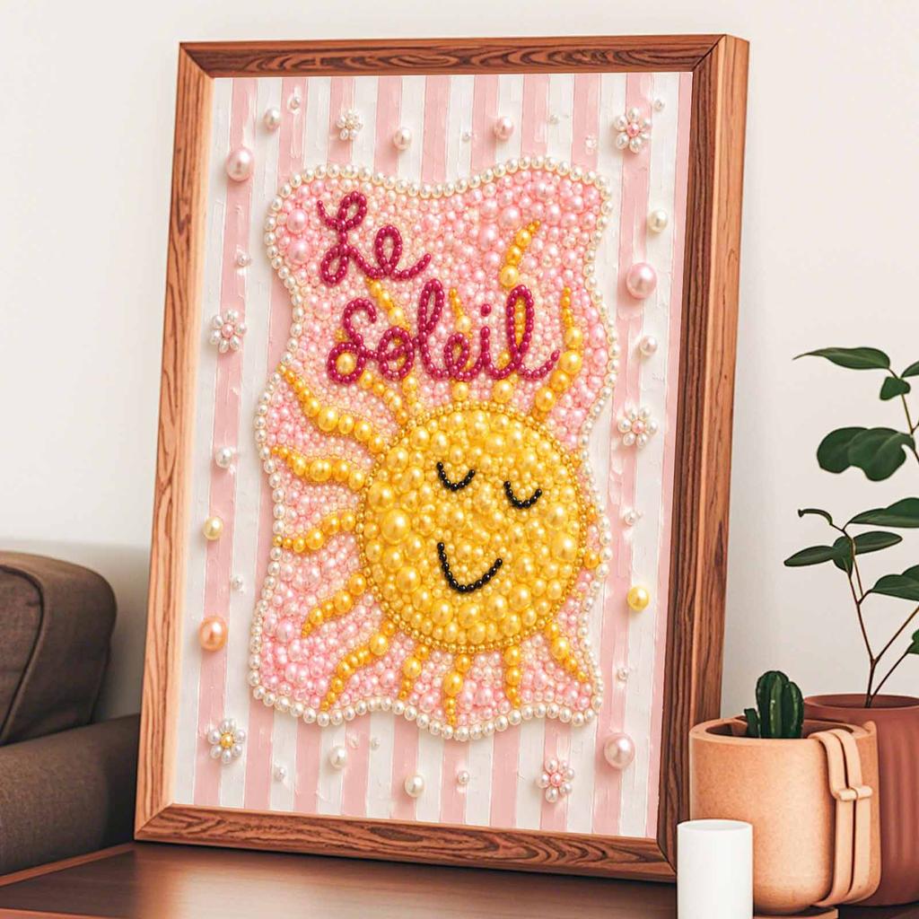 Unique 5D Framed Pearl Painting Kit with Cute Sun Le Soleil Pattern Sparkling Bead Art Canvas DIY Handmade Craft for Living Room Decor