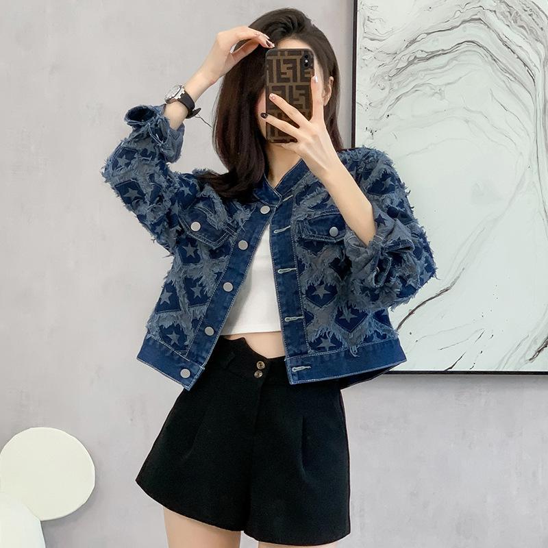 

Женская джинсовая куртка с воротником-стойкой, выстиранная, для осени/весны Large темно-синий