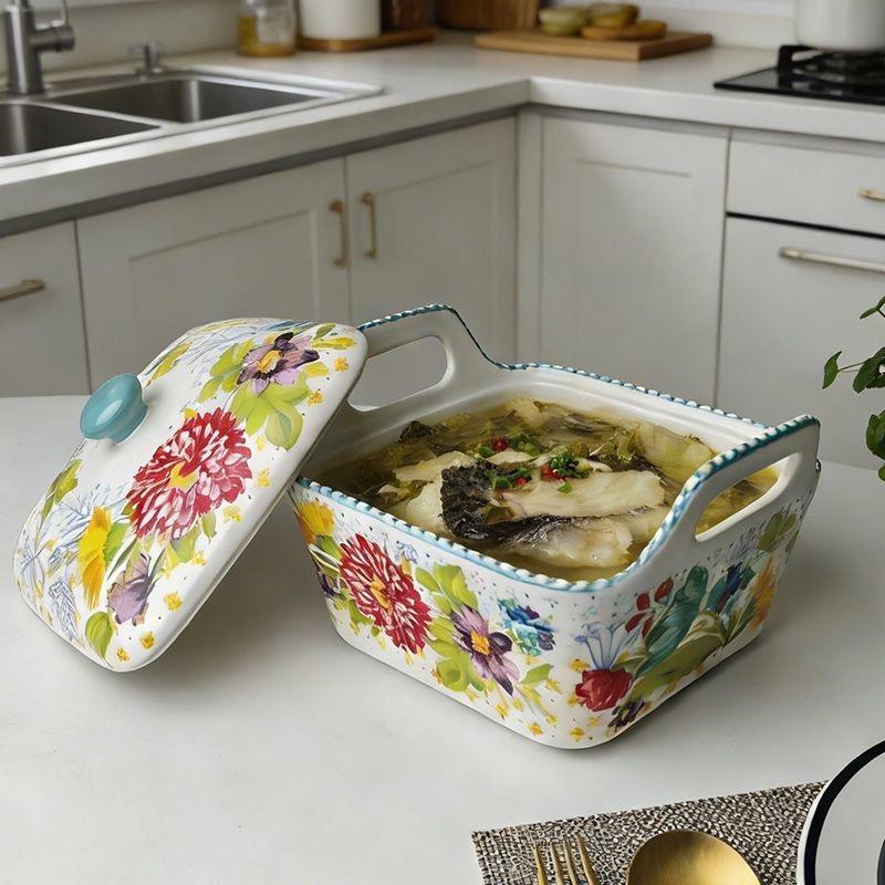 Große Keramik-Suppenschale mit Henkeln, Unterglasur, floral – Haus-Essgeschirr, Nudelschale