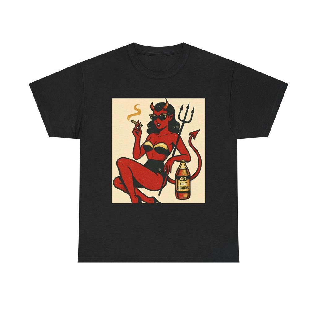 Smoking Devil Pinup Tee | Retro Tattoo Style, Red Devil with Bottle