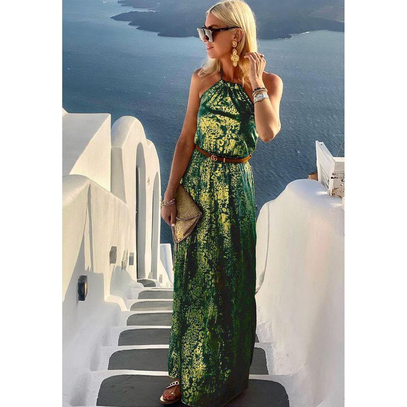 

Casual off-the-Shoulder Casual Bronzing Dress Halterneck Dark green S