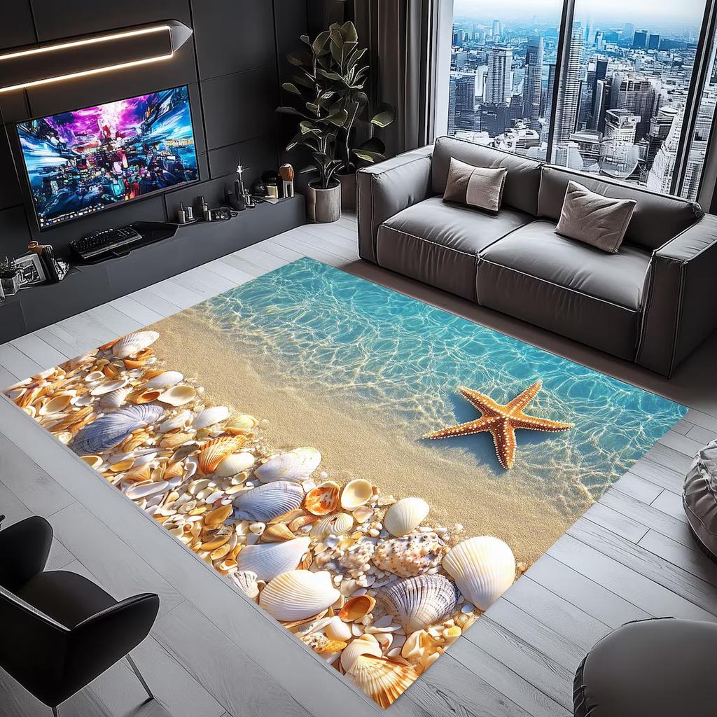 3D Beach Seashell Area Rug – Ocean Starfish Print Carpet – Soft Non-Slip Floor Mat for Living Room Bedroom Coastal Home Decor