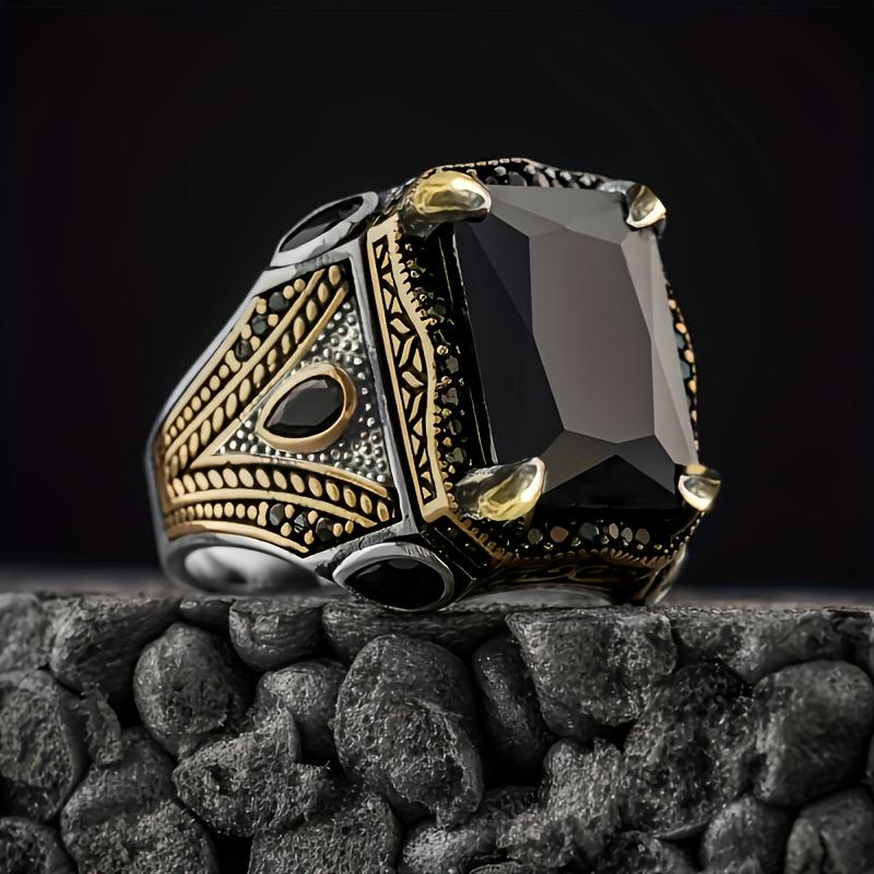 Retro Handmade Turkish Signet Rings For Men Ancient Silver Color Carved Eagle Ring Black Zircon Inlay New Punk Motor Biker Ring