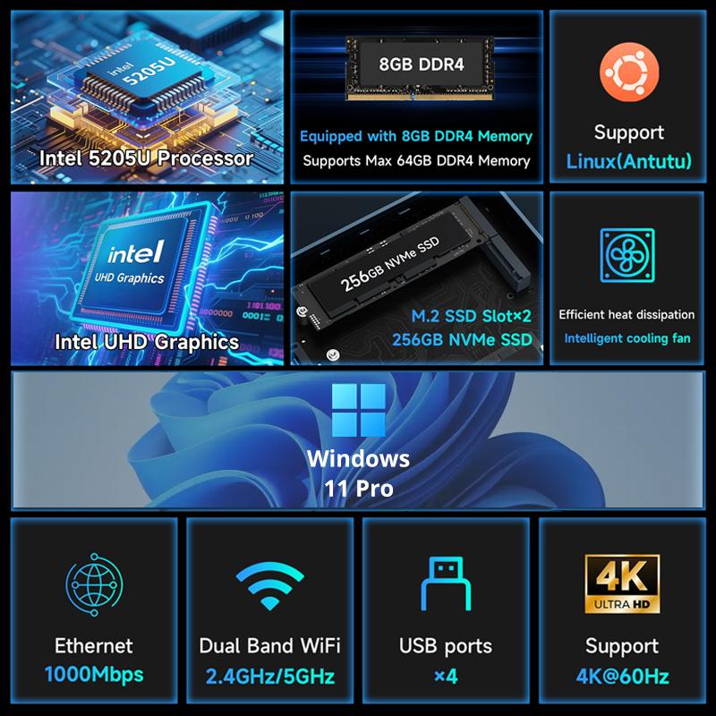 BMAX B2 Power Nový Mini PC Windows 11 PC HDMI Intel 5205U 8GB RAM 256GB SSD Intel UHD Graphics WiFi Bluetooth