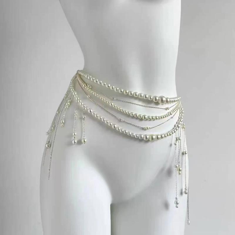 Fashionable Multi-Layer Flower Tassel Waist Chain Retro Pearl Waist Chain For Women Girls Body Chain Clothing Accessories Gifts