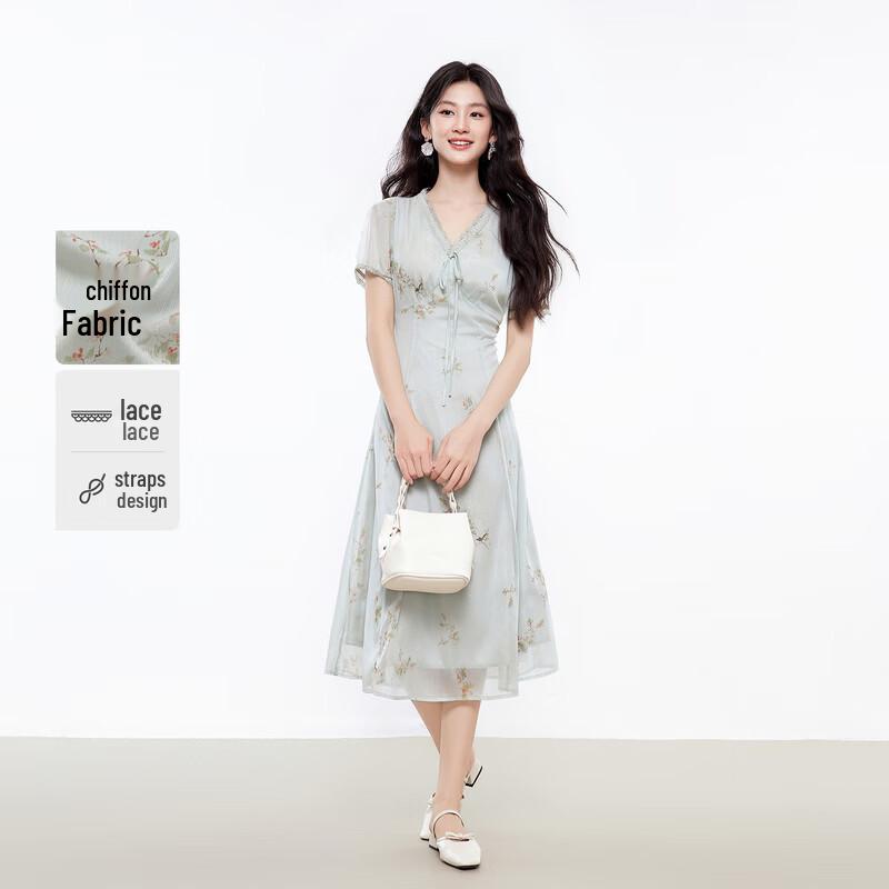 Elegant V-neck Floral Print Dress L