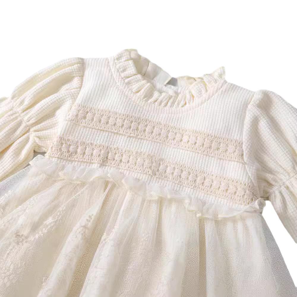 Korean-Style Baby Lace Long Sleeve Romper for Spring & Autumn: Versatile, Fashionable Round Neck Dress Toddler Outerwear
